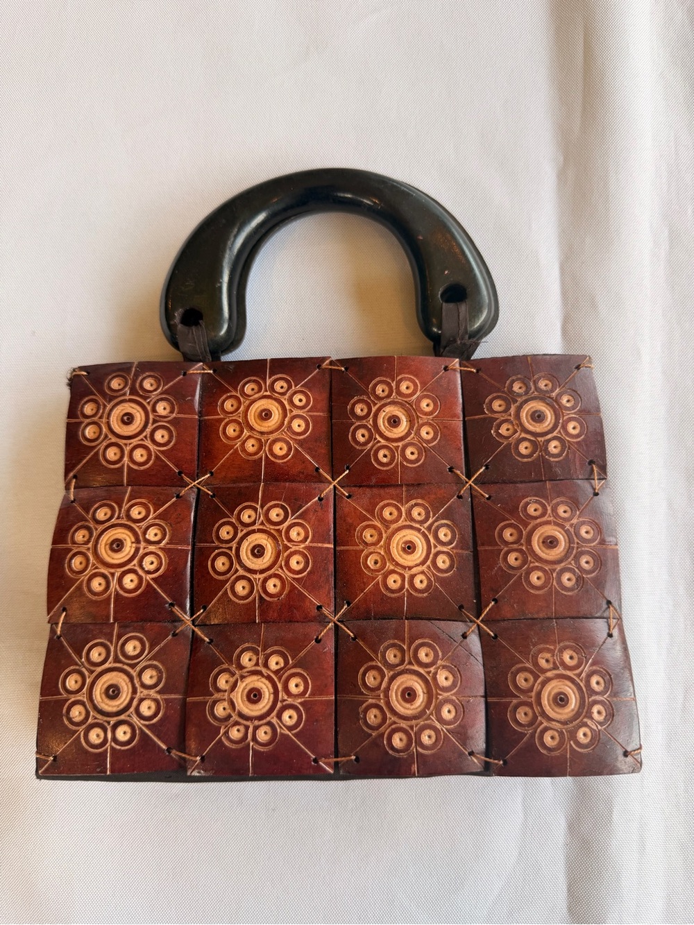 Vintage Carved Coconut Shell Tile Purse with Intricate Floral Pattern